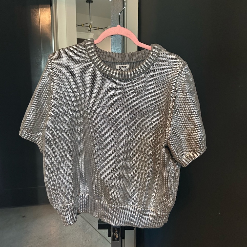 Metallic Silver Short-Sleeve Crewneck Sweater